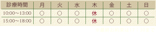 診療時間 10：00～13：00/15：00～18：00 最終お約束は17:30まで