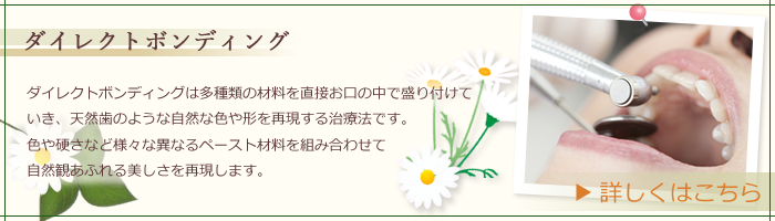 ダイレクトボンディングは多種類の材料を直接お口の中で盛り付けていき、天然歯のような自然な色や形を再現する治療法です。治療について詳しくはこちら